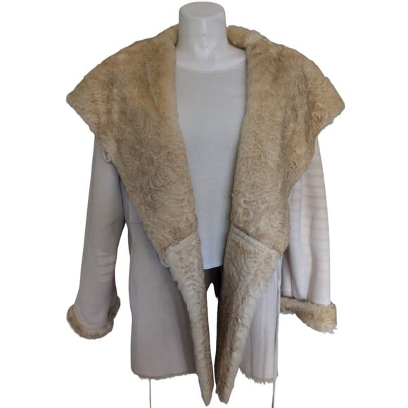 Terry Lewis Faux Suede Shearling Hooded Coat Women 1X Beige Tan Winter Jacket - Picture 1 of 9